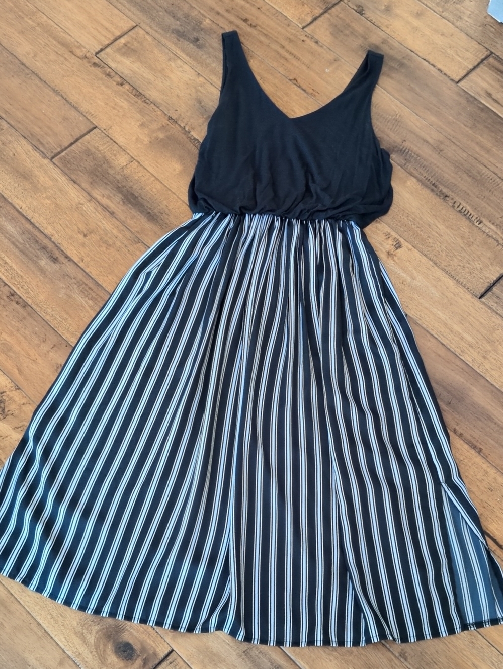 LOFT Black Tank Top Dress with Striped Skirt